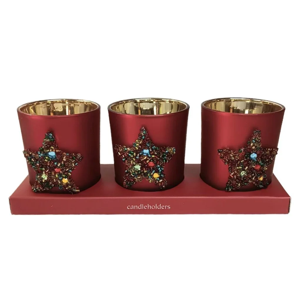Pier One Glass Red Frosted Candleholders Star Bead Design New In Box